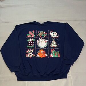 VTG 90 Navy Ugly Christmas Xmas Office Sweater‎ Women XL Santa Bear Gift-4117